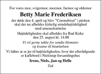Dødsannoncen for Betty Marie Frederiksen - Langå