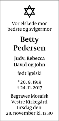 Dødsannoncen for Betty Pedersen - Gentofte