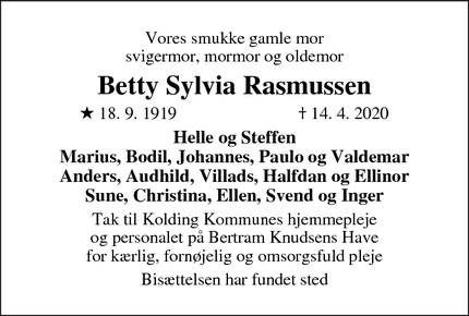 Dødsannoncen for Betty Sylvia Rasmussen - Kolding