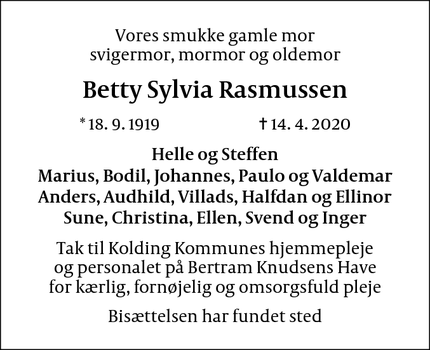 Dødsannoncen for Betty Sylvia Rasmussen - Kolding