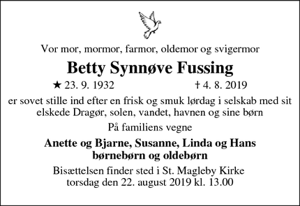 Dødsannoncen for Betty Synnøve Fussing - Dragør