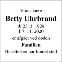 Dødsannoncen for Betty Uhrbrand - Odense