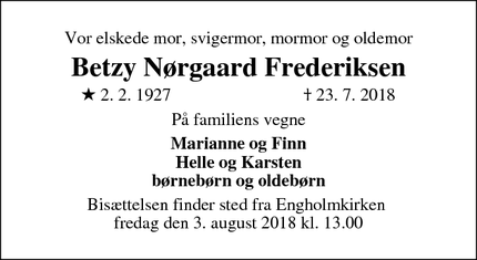 Dødsannoncen for Betzy Nørgaard Frederiksen - Allerød