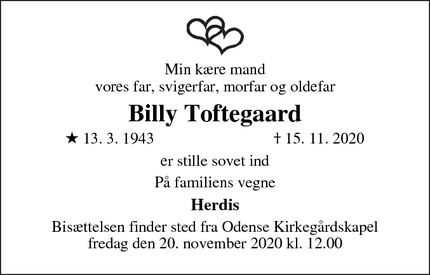 Dødsannoncen for Billy Toftegaard - Odense