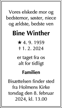 Dødsannoncen for Bine Winther - Hvidovre