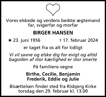 Dødsannoncen for Birger Hansen - Hvidovre