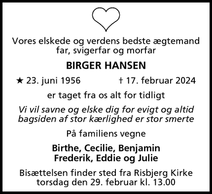 Dødsannoncen for Birger Hansen - Hvidovre