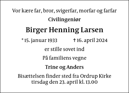 Dødsannoncen for Birger Henning Larsen - Charlottenlund