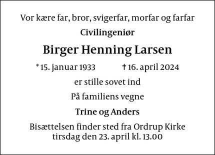 Dødsannoncen for Birger Henning Larsen - Charlottenlund