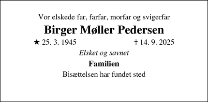 Dødsannoncen for Birger Møller Pedersen - Hillerød