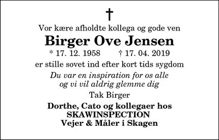 Dødsannoncen for Birger Ove Jensen - Skagen