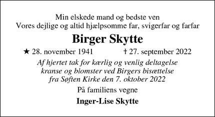 Dødsannoncen for Birger Skytte - Søften