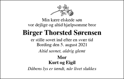 Dødsannoncen for Birger Thorsted Sørensen - Bording