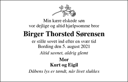 Dødsannoncen for Birger Thorsted Sørensen - Bording