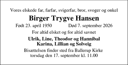 Dødsannoncen for Birger Trygve Hansen - Ballerup