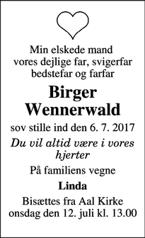 Dødsannoncen for Birger Wennerwald - Oksbøl