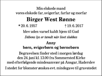 Dødsannoncen for Birger West Rønne - Haderslev