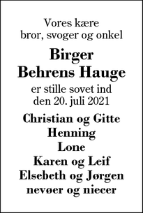 Dødsannoncen for Birger
Behrens Hauge - Herning