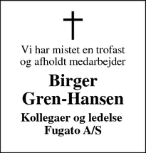 Dødsannoncen for Birger
Gren-Hansen - Rønne