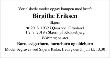Dødsannoncen for Birgithe Eriksen - Skjern