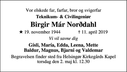 Dødsannoncen for Birgir Már Norðdahl - Helsingør