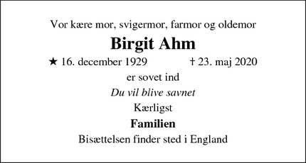 Dødsannoncen for Birgit Ahm - Byfleet