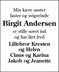 Dødsannoncen for Birgit Andersen - Vojens
