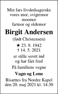Dødsannoncen for Birgit Andersen - Randers C