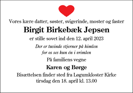 Dødsannoncen for Birgit Birkebæk Jepsen - Løgumkloster