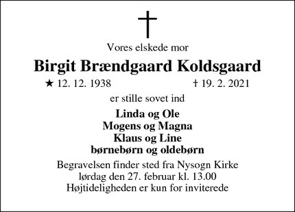 Dødsannoncen for Birgit Brændgaard Koldsgaard - Ringkøbing