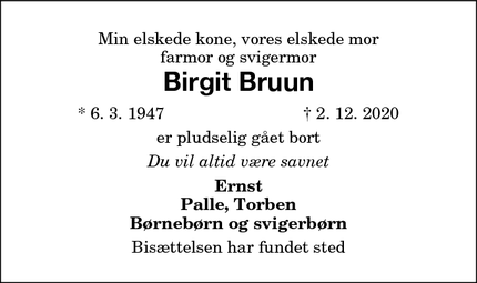 Dødsannoncen for Birgit Bruun - Væggerløse