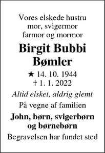 Dødsannoncen for Birgit Bubbi
Bømler - Ålsgårde