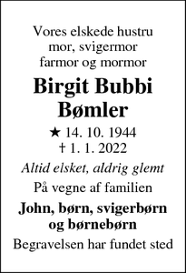 Dødsannoncen for Birgit Bubbi
Bømler - Ålsgårde