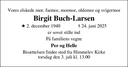 Dødsannoncen for Birgit Buch-Larsen - Roskilde