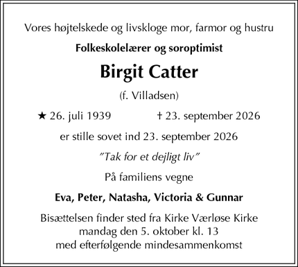 Dødsannoncen for Birgit Catter - København N