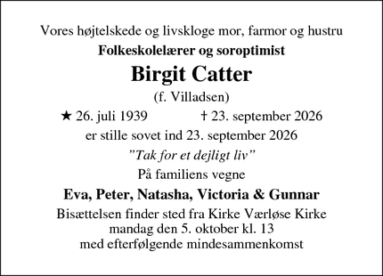 Dødsannoncen for Birgit Catter - København N