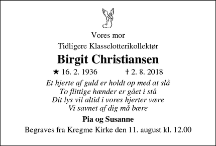 Dødsannoncen for Birgit Christiansen - Frederiksberg