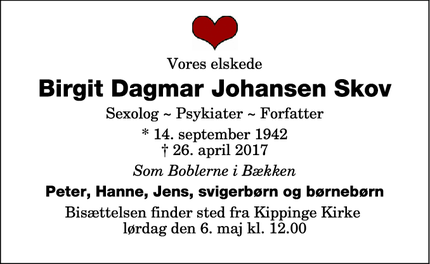 Dødsannoncen for Birgit Dagmar Johansen Skov - Guldborg