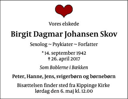 Dødsannoncen for Birgit Dagmar Johansen Skov - Guldborg
