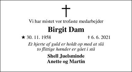 Dødsannoncen for Birgit Dam - Juelsminde