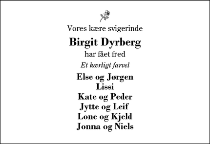 Dødsannoncen for Birgit Dyrberg - Ilskov