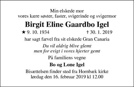 Dødsannoncen for Birgit Eline Gaardbo Igel - Hornbæk