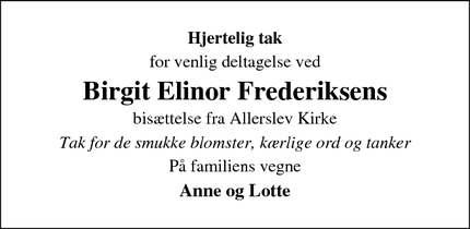 Taksigelsen for Birgit Elinor Frederiksen - Allerslev