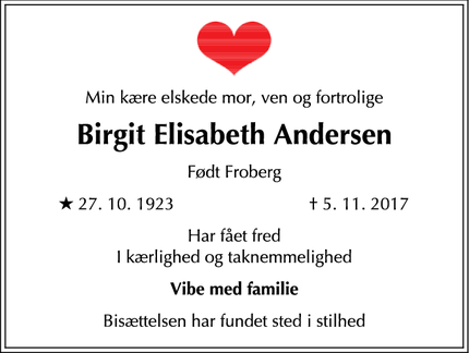 Dødsannoncen for Birgit Elisabeth Andersen - Humlebæk
