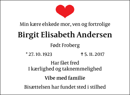 Dødsannoncen for Birgit Elisabeth Andersen - Humlebæk