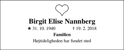Dødsannoncen for Birgit Elise Nannberg - Hvidovre