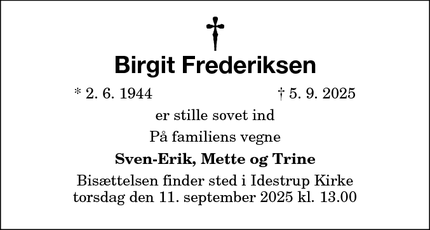 Dødsannoncen for Birgit Frederiksen - KØBENHAVN N