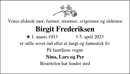 Dødsannoncen for Birgit Frederiksen - Klampenborg