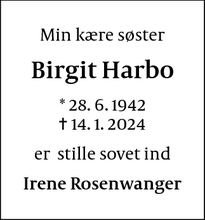 Dødsannoncen for Birgit Harbo - Holsted st.