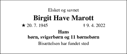 Dødsannoncen for Birgit Have Marott - Hvidovre